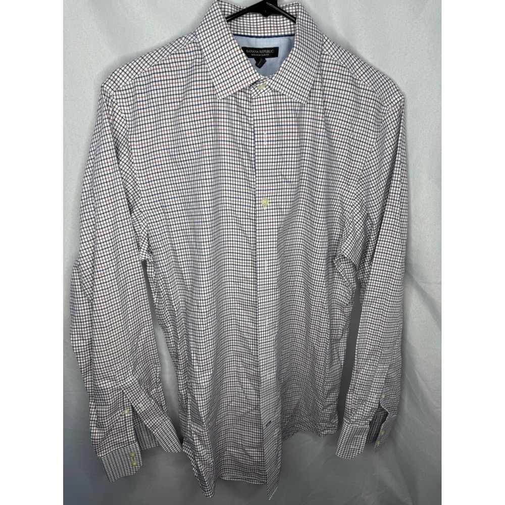 Banana Republic Mens Non-Iron Slim Fit Tattersall Check Button Down Shirt Blue M